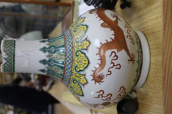 A 19th century Chinese famille rose dragon vase, wood stand height 32.5cm excl. stand